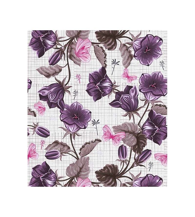 Papel de parede com fundo cinza claro e detalhes em cinza, roxo e rosa - Floral 98