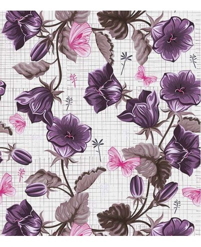 Papel de parede com fundo cinza claro e detalhes em cinza, roxo e rosa - Floral 98