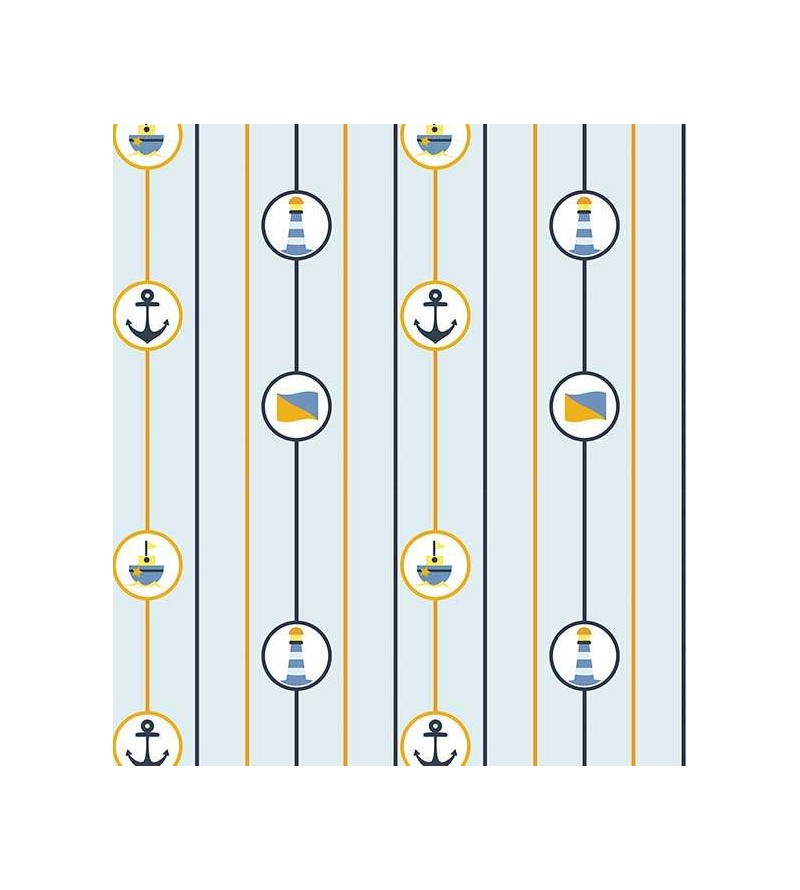 Papel de Parede com fundo em tons de azul claro, com detalhes em amarelo, azul escuro e cinza - Infantil 127
