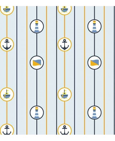 Papel de Parede com fundo em tons de azul claro, com detalhes em amarelo, azul escuro e cinza - Infantil 127