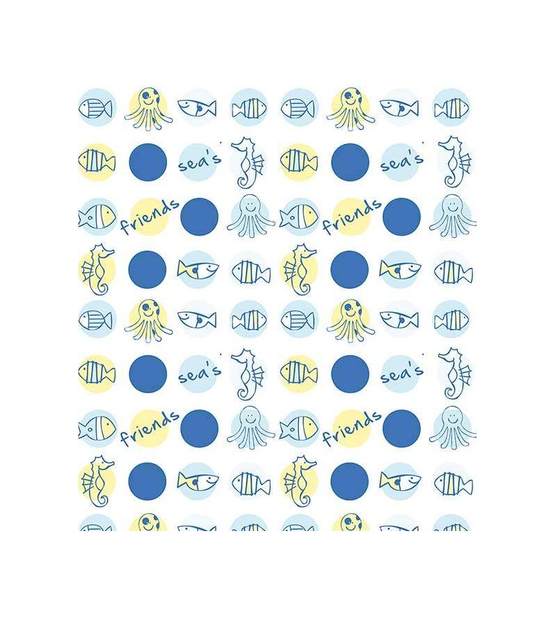 Papel de parede com fundo branco, e detalhes em azul escuro, amarelo, cinza e azul claro - Infantil 130