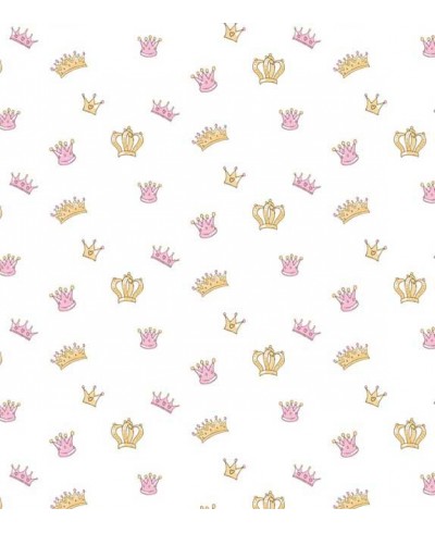Papel de Parede Infantil coroas em fundo branco com coroas em amarelo e rosa - Kids 16