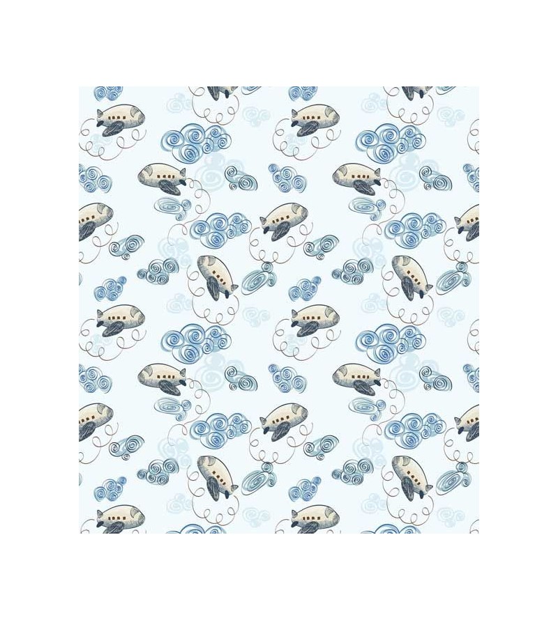 Papel de Parede Infantil aviões em fundo branco com nuvens em azul - Kids 17