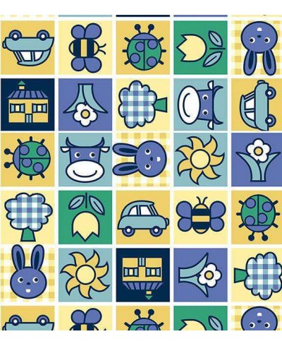 Papel de parede em tons de amarelo, azul, verde e branco - Infantil 76