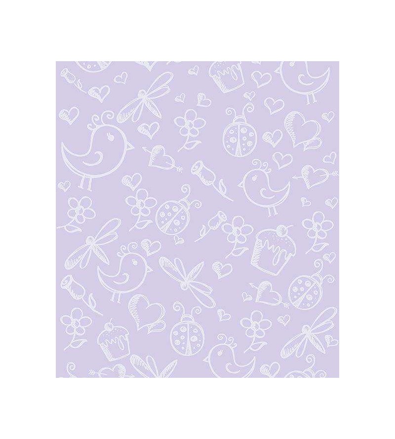 Papel de parede com fundo em tom de roxo e desenhos em cinza - Infantil 92