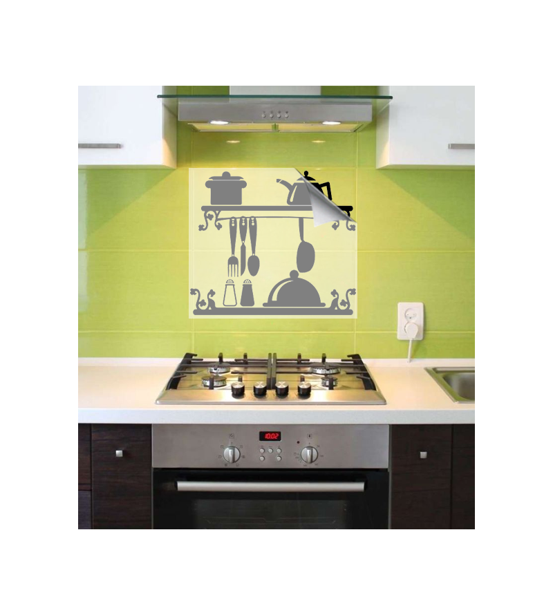 Adesivo recortado de parede com o tema cozinha, varão de talheres com potes, bules e saleiro - Cozinha 04