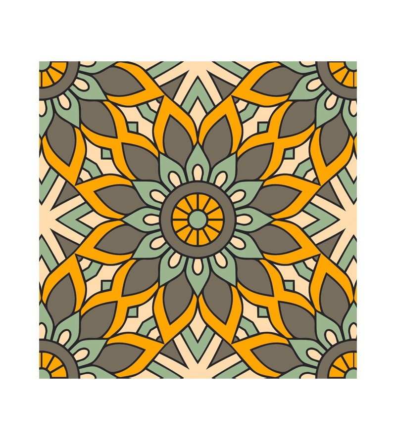 Papel de Parede Mandala com fundo em mosaico desenhado nas cores amarelo, marrom, verde e bege