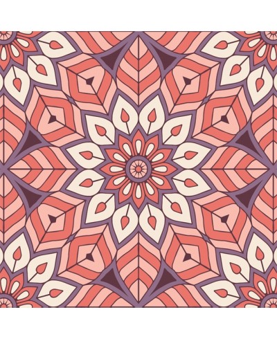 Papel de Parede Mandala com fundo em mosaico desenhado nas cores vermelho, branco, rosa e roxo