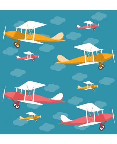 Papel de Parede Infantil aviões em fundo azul com nuvens em azul claro - Kids 19