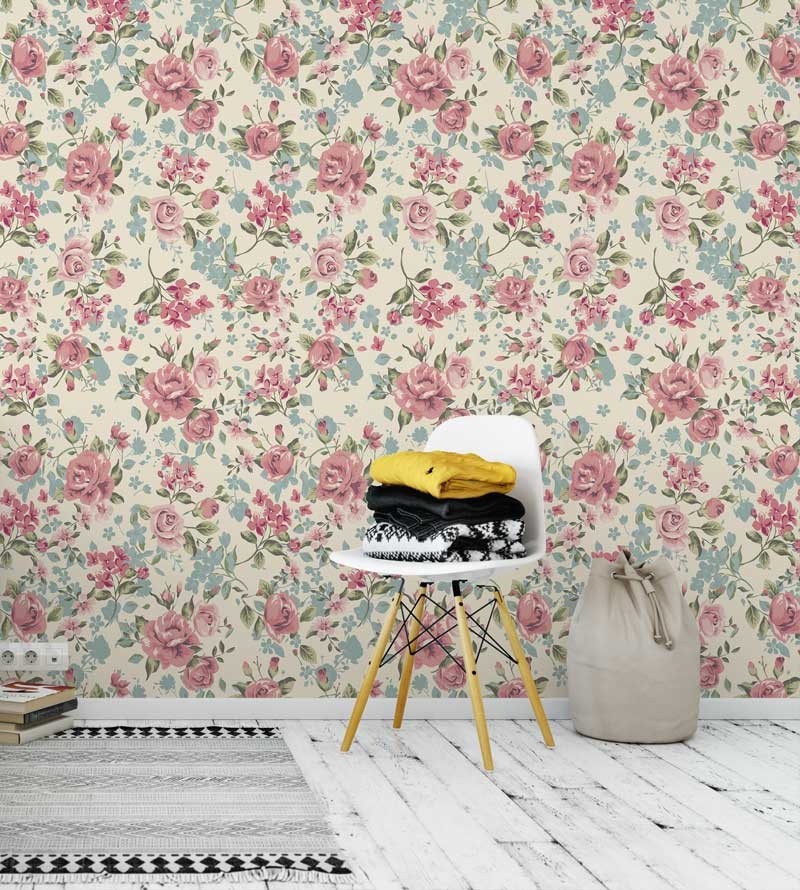 Papel de parede romântico rosa, verde e cinza com fundo bege