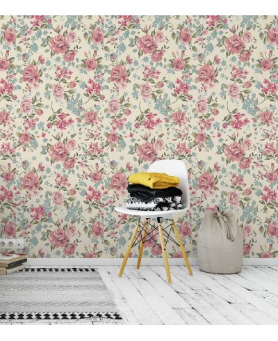 Papel de parede romântico rosa, verde e cinza com fundo bege