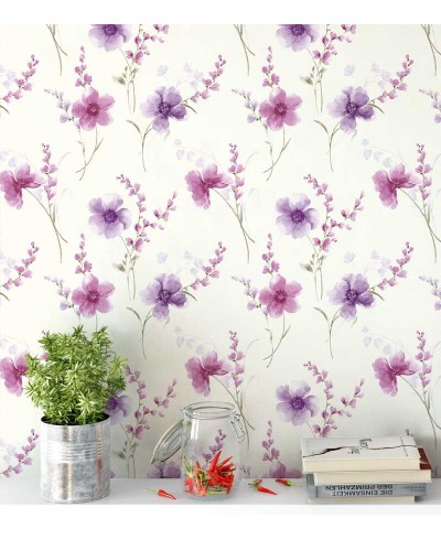 Papel de Parede Floral Com Ramos em Rosa e Roxo