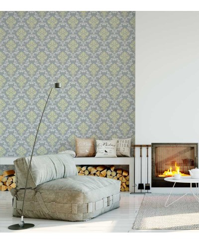 Papel de parede com fundo cinza e desenhos em tons amarelos - Damask 19