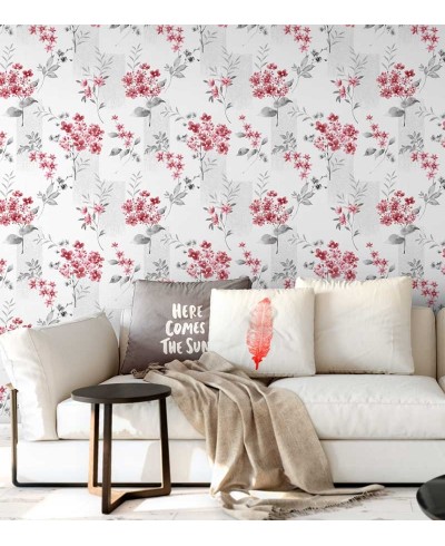 Papel de parede com fundo branco e desenhos em tons cinza e vermelho - Dream 03