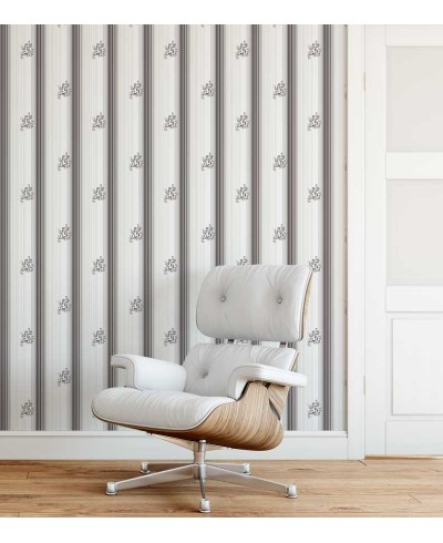 Papel de parede com fundo branco, com e listras e detalhes em tons de cinza - Casual 41