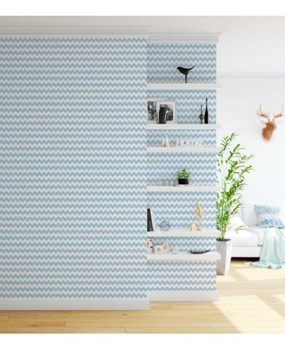 Papel de parede chevron em listras zigue zague com o fundo branco e listras em azul