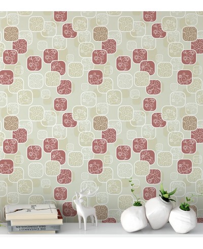 Papel de parede em tons nude com destalhes em tons vermelho, bege e branco - Contemporâneo 07