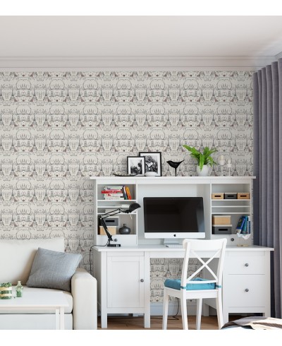 Papel de parede com fundo bege e detalhes da torre Eiffel em vermelho e preto - Contemporâneo 23