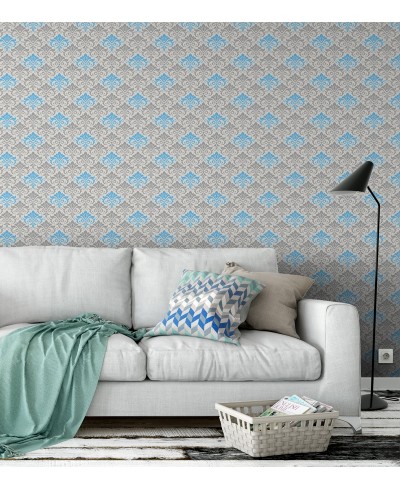 Papel de parede arabesco fundo branco com desenhos em tons de cinza e azul claro - Damask 18