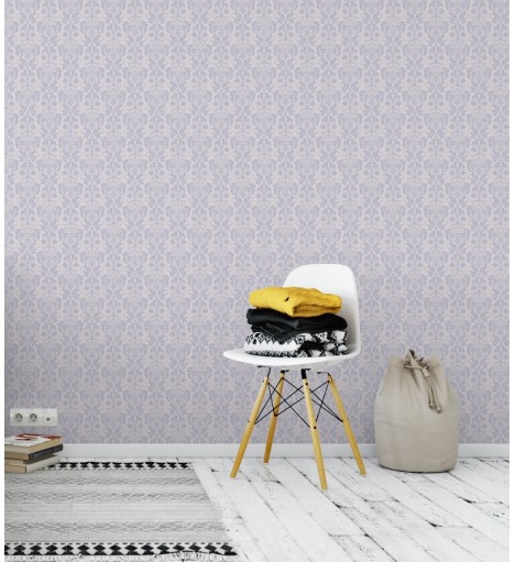 Papel de parede com fundo rosa claro e desenhos em tons lilás - Damask 22