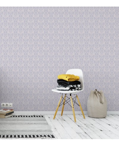 Papel de parede com fundo rosa claro e desenhos em tons lilás - Damask 22