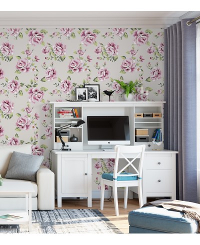 Papel de parede florais em fundo rosa claro e desenhos em amarelo, verde e rosa