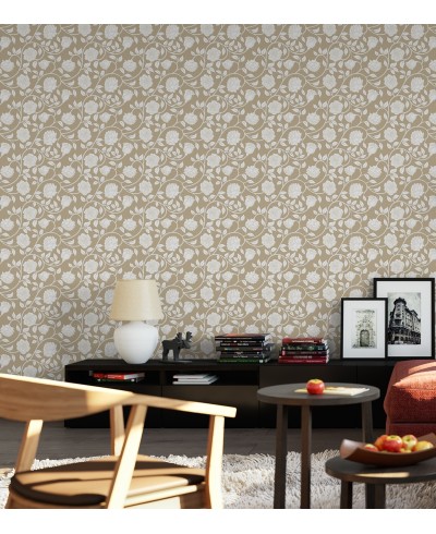 Papel de parede romântico florais brancos e fundo marrom claro