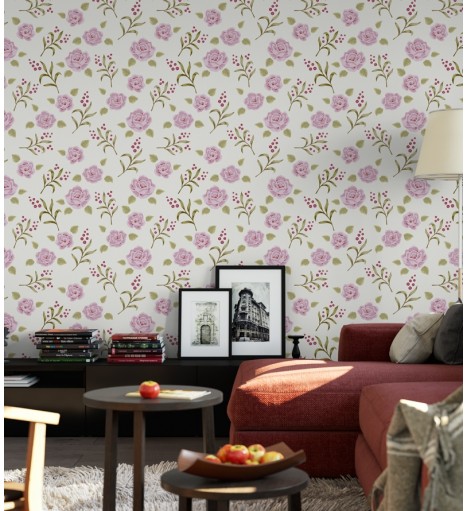 Papel de parede floral vintage com fundo bege claro e desenhos em verde e rosa