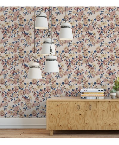 Papel de parede romântico em fundo rosa e flores em tons rosa, azul, cinza e amarelo