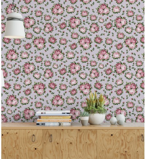 Papel de parede rama de flores na cores rosa e verde com fundo cinza