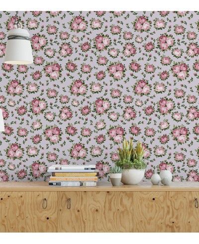Papel de parede rama de flores na cores rosa e verde com fundo cinza