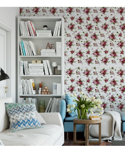 Papel de parede arranjo de flores nas cores verde, vinho, vermelho e rosa com fundo branco