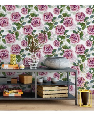 Papel de parede floral outonal rosa e verde e fundo branco