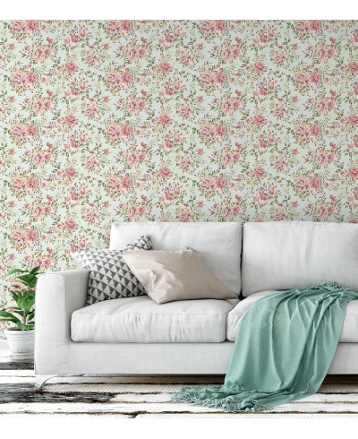 Papel de parede floral em rose, carmim, laranja, fundo em tons verde