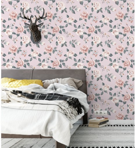 Papel de parede vintage rose floral rosa e azul com fundo rosa claro