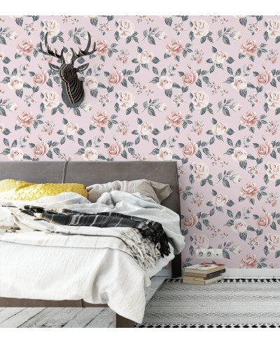 Papel de parede vintage rose floral rosa e azul com fundo rosa claro