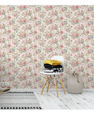 Papel de parede romântico flores na cor laranja, rosa e folhas verdes com fundo branco