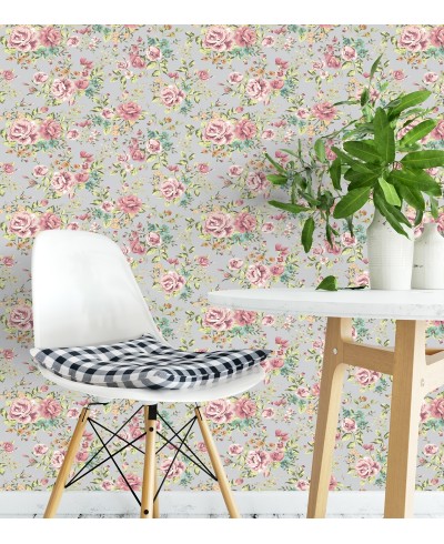 Papel de parede floral romântico com flores rosas e folhagem verde musgo fundo cinza