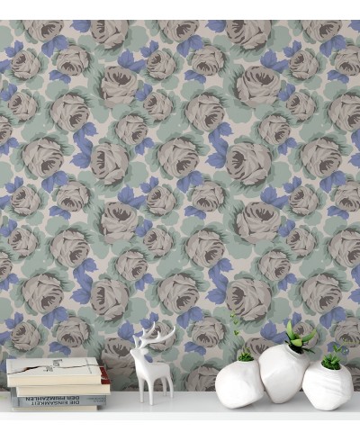 Papel de parede floral azul e verde musgo com fundo cinza