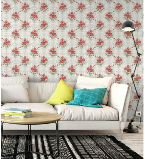 Papel de parede floral romântico rosa e vermelho com fundo cinza e branco