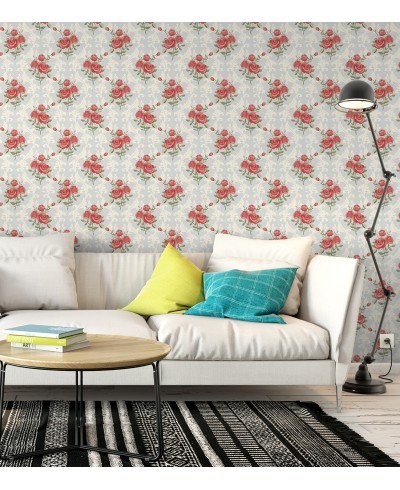 Papel de parede floral romântico rosa e vermelho com fundo cinza e branco