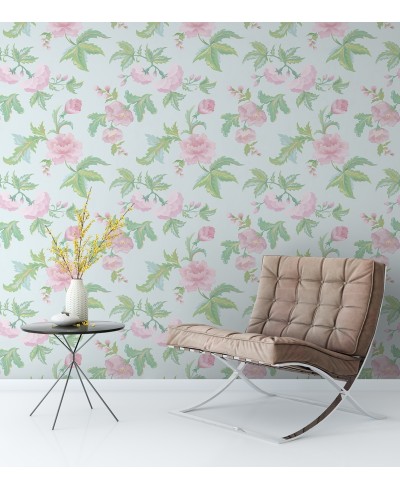 Papel de parede floral vintage verde e rosa com fundo azul