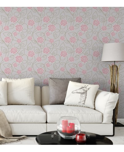 Papel de parede arranjo floral rosa com fundo cinza