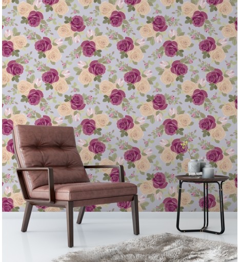 Papel de parede floral romântico bege, bordo, verde musgo e fundo cinza