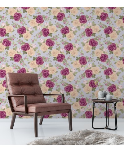 Papel de parede floral romântico bege, bordo, verde musgo e fundo cinza