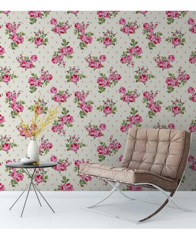 Papel de parede floral com detalhes em tons de verde e flores rosas e tons de pink - Condessa 01
