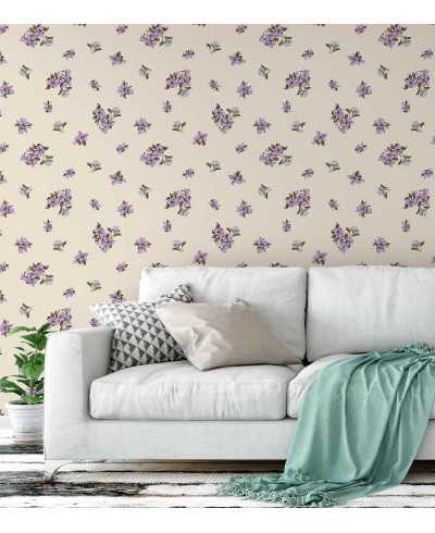 Papel de parede floral tons nude, flores roxas com galhos em verde musgo, tons de azul - Encanto 01