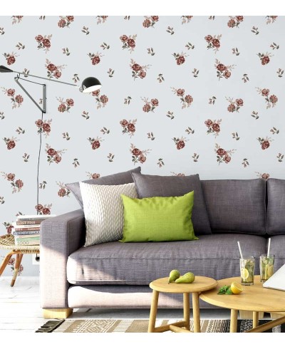 Papel de parede floral com fundo cinza claro e detalhes em tons de marrom, bege e verde musgo - Encanto 20