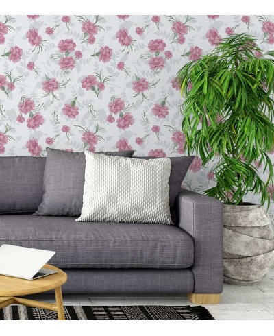 Papel de parede floral com fundo branco e detalhes cinza claro, flores em tons de rosa com galhos verdes - Encanto 21