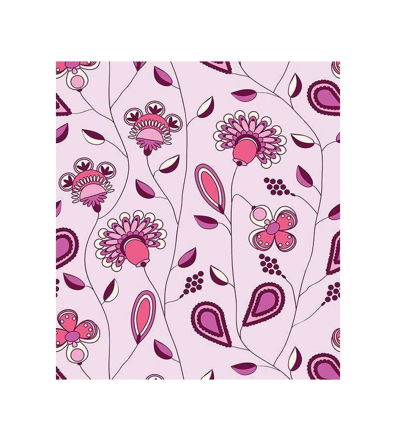 Papel de parede floral, fundo rosa claro, desenhos em tons roxo e rosa, com detalhes brancos - Glamour 16